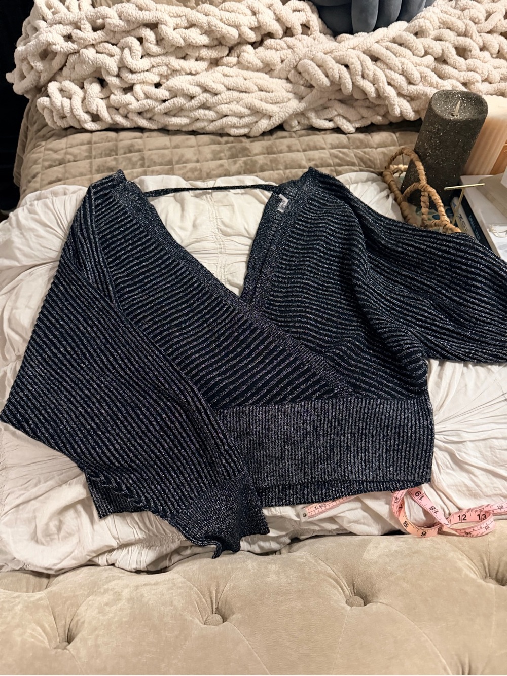 Zara Metallic Black Ribbed V-Neck Wrap Sweater